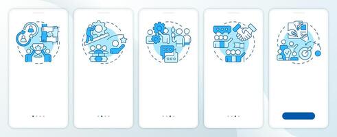 Cooperative learning blue onboarding mobile app screen. Walkthrough 5 steps editable graphic instructions with linear concepts. UI, UX, GUI template vector