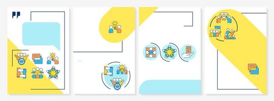 Cooperative learning principles blue and yellow brochure template. Communication, brainstorm. Leaflet design with linear icons. Editable 4 layouts vector