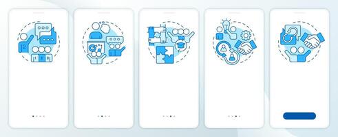 Team learning structures blue onboarding mobile app screen. Walkthrough 5 steps editable graphic instructions with linear concepts. UI, UX, GUI template vector