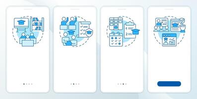 Classroom organization blue onboarding mobile app screen. Walkthrough 4 steps editable graphic instructions with linear concepts. UI, UX, GUI template vector