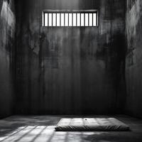 A solitary confinement cell with a thin mattress on the floor and a barred window high on the wall photo