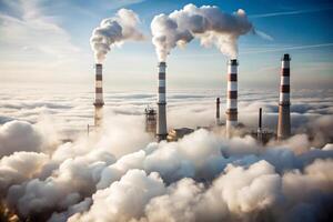 A factory with smoke stacks and clouds photo