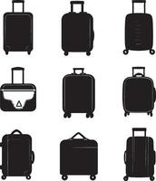 set of black silhouette luggage icons on white background vector