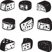 cheese set of different types of cheese, black and white illustration vector