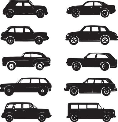A collection of silhouettes featuring various car models.