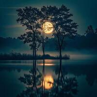 Serene Night Scene with Full Moon over Silhouetted Trees and Calm Lake Reflection photo