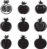 Assorted pomegranate silhouettes displayed in a black and white style. vector
