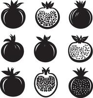 Set of black and white pomegranate icons. vector