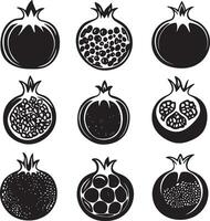 Assorted pomegranate silhouettes presented in a black and white style. vector