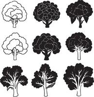 black and white broccoli trees icons set vector