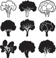 Black and white icon set of broccoli trees. vector