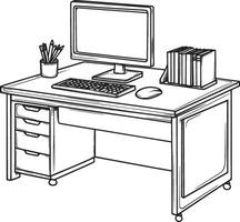 Office computer desk simple, clean linear outline in black illustration. vector