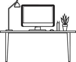 Office computer desk clean simple linear outline black illustration vector