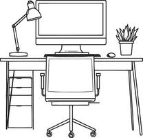 Black illustration of a clean, simple office computer desk linear outline icon. vector