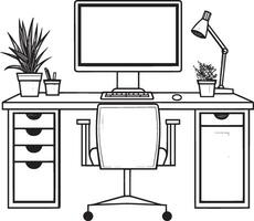 Clean and simple black linear outline of an office computer desk illustration. vector