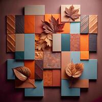 Autumnal Color Palette Mosaic with Dried Leaves and Textured Tiles photo