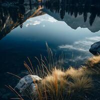 Serene Mountain Lake Reflection at Dawn with Golden Grass photo