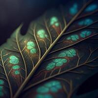 Intricate Golden Veined Leaf with Teal Gemstone Pattern, Closeup Macro Shot of Fantasy Nature photo