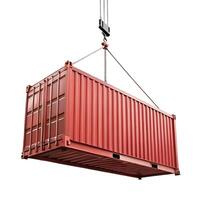 Red Shipping Container Being Lifted by a Crane Hook Against a White Background photo