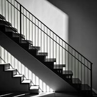 Modern Black Metal Staircase with Dramatic Light and Shadow photo