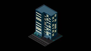 Isometric city building at night animation. Isometric modern building. Skyscraper building or business office. Motion graphic, Transparent background with alpha channel video