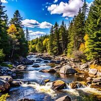 Serene Autumn River Flowing Through Lush Green and Golden Forest Under a Bright Blue Sky photo
