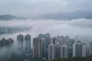Misty Mountain Cityscape Highrise Buildings Urban Fog Scenic View photo