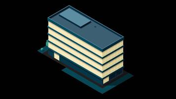 Isometric city building at night animation. Isometric modern building. Skyscraper building or business office. Motion graphic. Transparent background with alpha channel. video