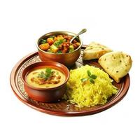 Delicious Indian Thali Platter with Vegetable Curry Dal Rice and Naan Bread photo