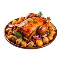 Roasted Chicken with Roasted Potatoes and Vegetables on a Rustic Plate photo