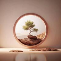 Serene Minimalist Zen Garden Scene with Tree on Rock in Circular Frame photo
