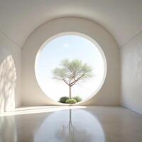 Minimalist Interior Design Featuring a Circular Window and a Lone Tree photo