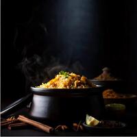 Aromatic Chicken Biryani in a Black Clay Pot with Spices and Garnish photo