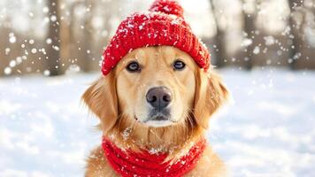 Golden retriever wearing a red hat and scarf enjoying a snowy winter day photo