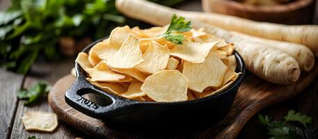 Crispy root vegetable chips served in a cast iron skillet on a rustic wooden table with fresh ingredients photo