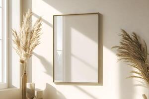 Blank frame for wall art mockup in a modern, neutral, and minimalist setting photo