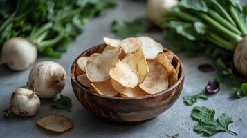 Crispy radish chips in a wooden bowl surrounded by fresh vegetables in a rustic kitchen setting photo