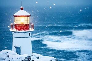 Snowy lighthouse stands strong against crashing waves during winter storm at coastal location photo