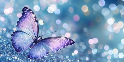 A vibrant butterfly displays its purple wings as it rests on a sparkling surface adorned with a shimmering blue hue. photo