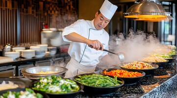 Chef expertly prepares a variety of colorful dishes in an upscale buffet restaurant during a busy lunch service photo