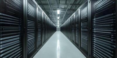 Data center corridor lined with server racks showcasing modern technology and infrastructure photo