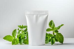 Mint leaves surround a blank tube for mockup on a simple background for skincare product branding and design inspiration photo