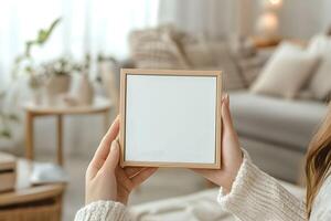 Blank frame for wall art mockup to showcase modern and minimalist design in neutral tones photo