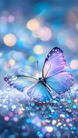 A vibrant blue and purple butterfly rests gracefully atop a glimmering surface filled with iridescent sparkles. The background features soft bokeh lights. photo