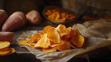 Sweet potato chips arranged on a wooden surface with fresh sweet potatoes in the background photo