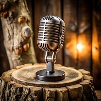 retro microphone on wooden stump with cozy rustic background, perfect for podcast and radio themes photo