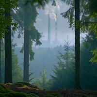 A factory in the forest with smoke coming out of it photo