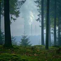A forest with trees and smoke coming out of the trees photo