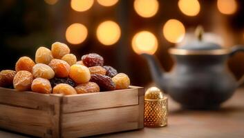 Dates in wooden box, bokeh background, teapot. Ramadan food photo