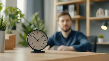 Man waits, desk clock, home office, blurred background, productivity photo